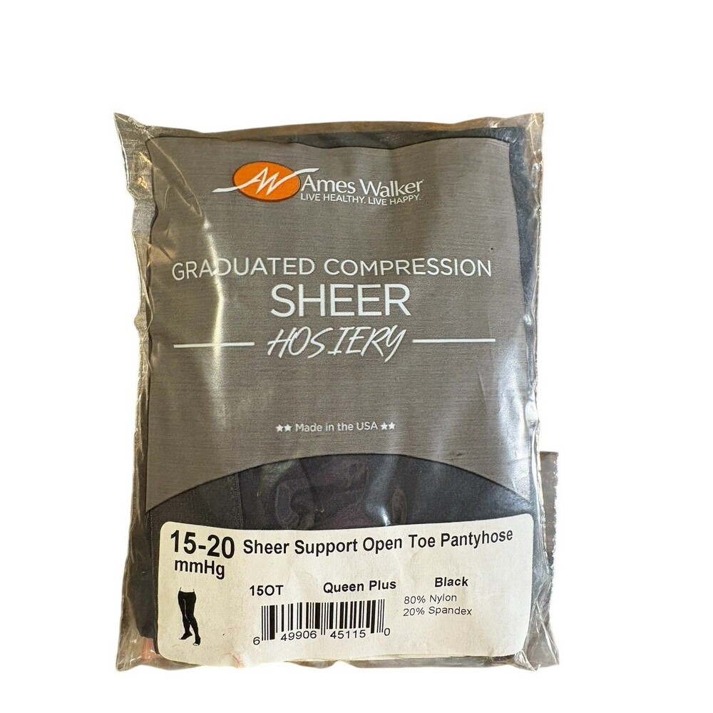 Ames Walker Graduated Compression Sheer Hosiery Open Toe 15-20 mmHg Black Queen+